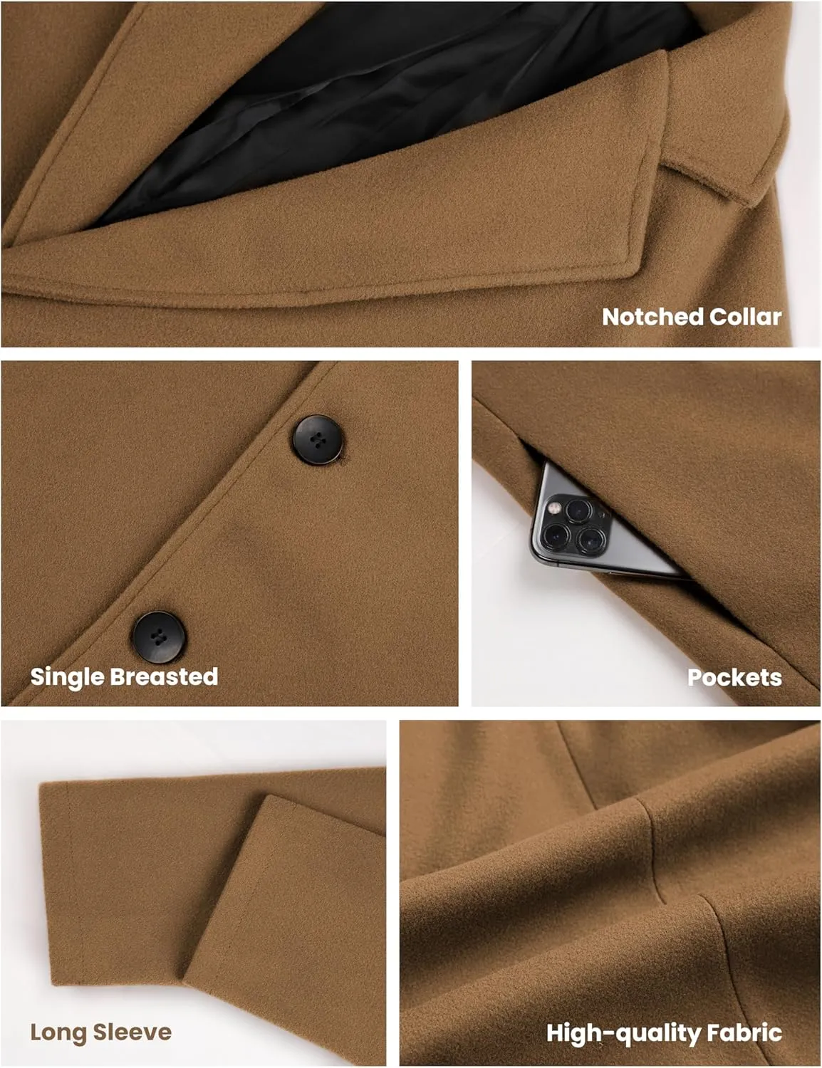 Tanming Mens Black Trench Coat Notched Lapel Single Breasted Long Peacoat Overcoat