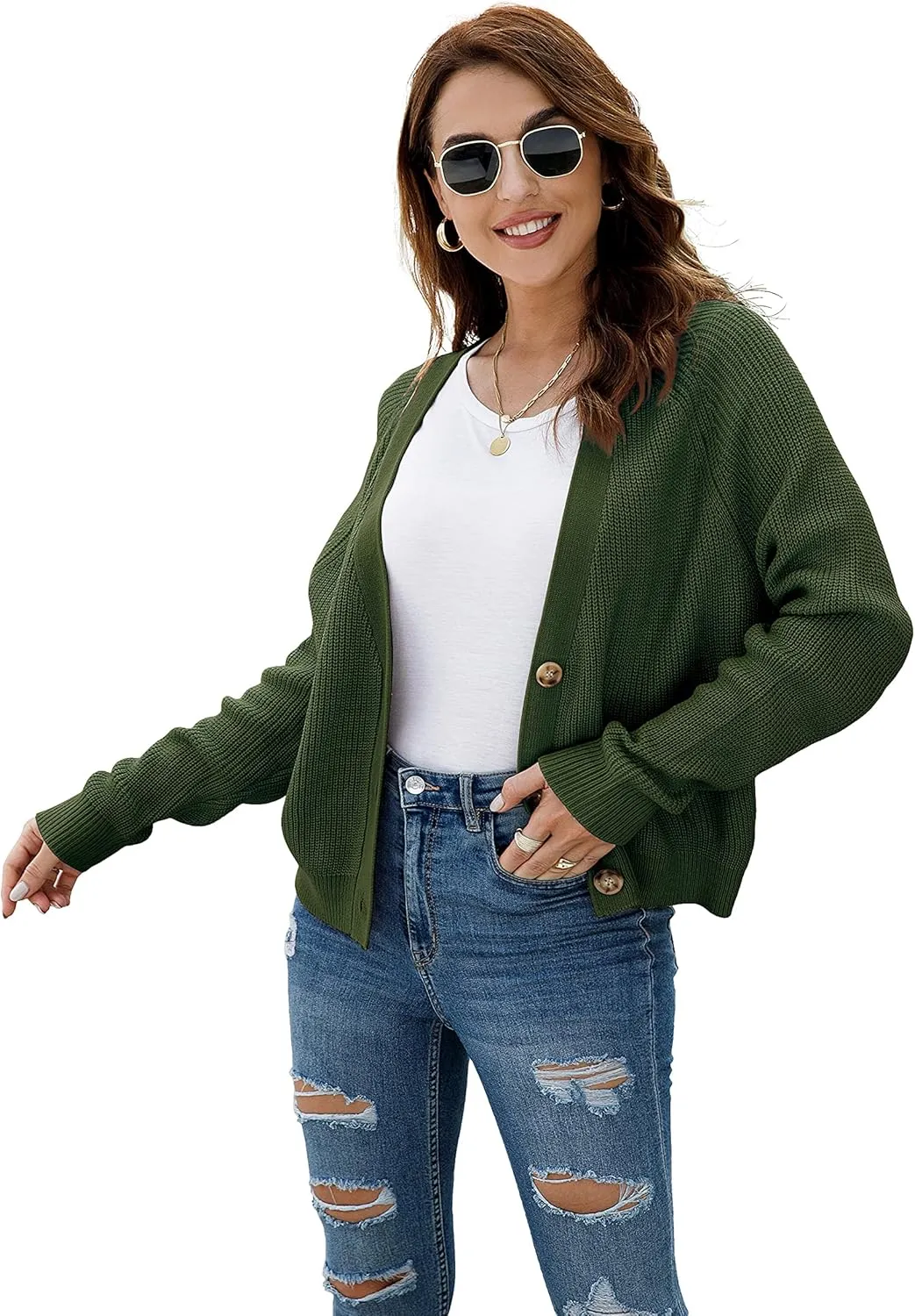 TASAMO Women's Long Sleeve Knit Sweater Open Front Cardigan Button Loose Outerwear