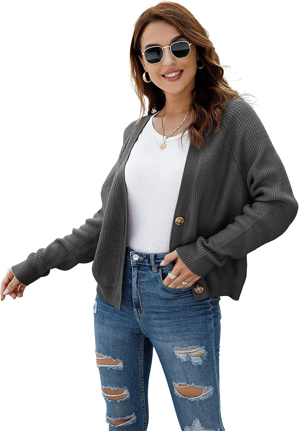 TASAMO Women's Long Sleeve Knit Sweater Open Front Cardigan Button Loose Outerwear