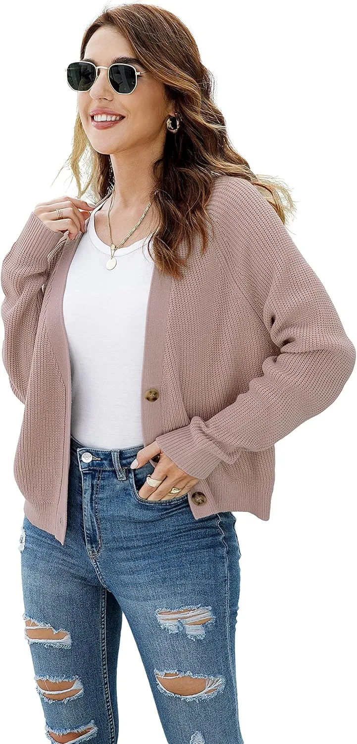 TASAMO Women's Long Sleeve Knit Sweater Open Front Cardigan Button Loose Outerwear