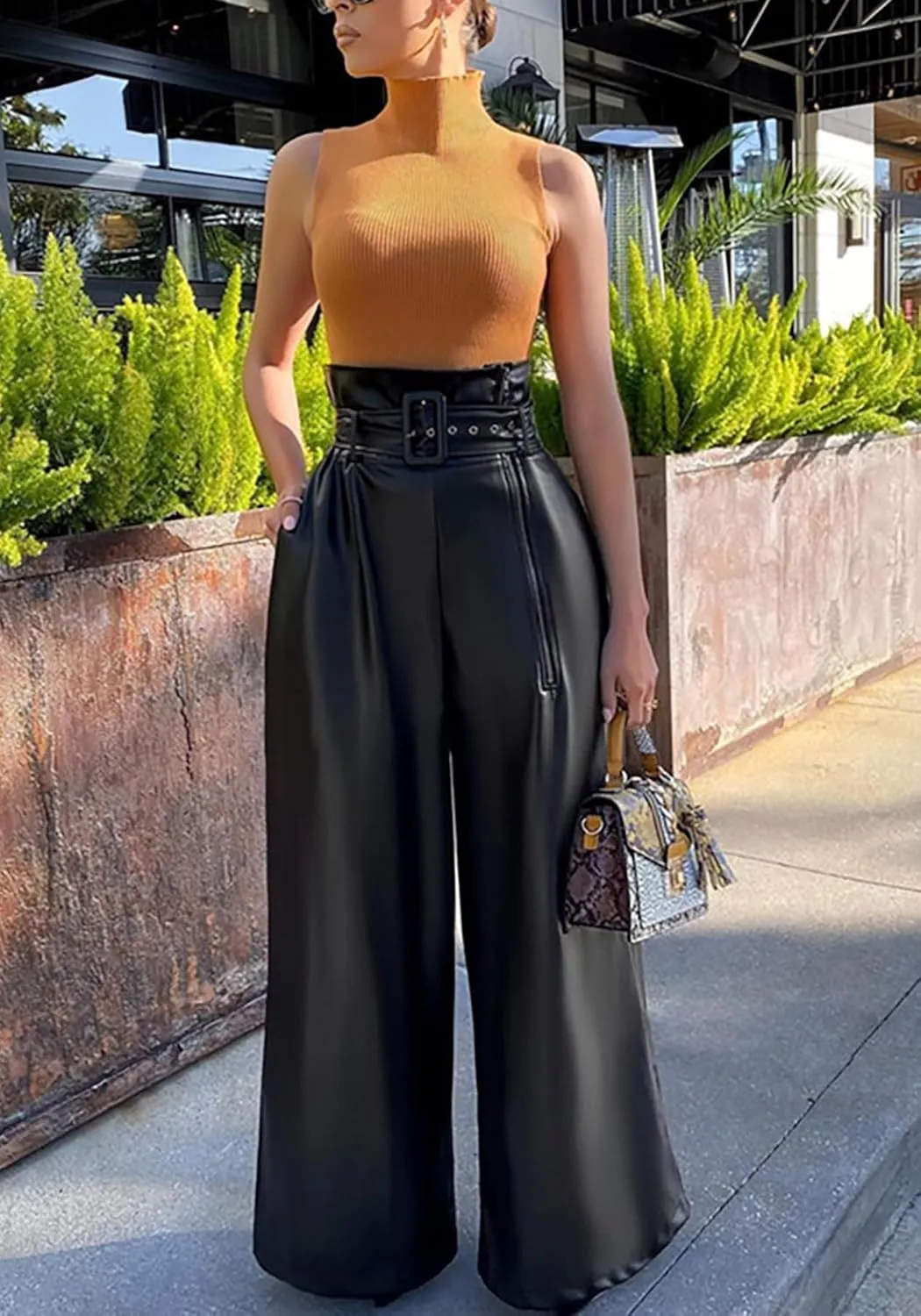 Tcremisa Leather Pants for Women High Waisted Faux Leather Straight Wide Leg Pant PU Trousers with Belt