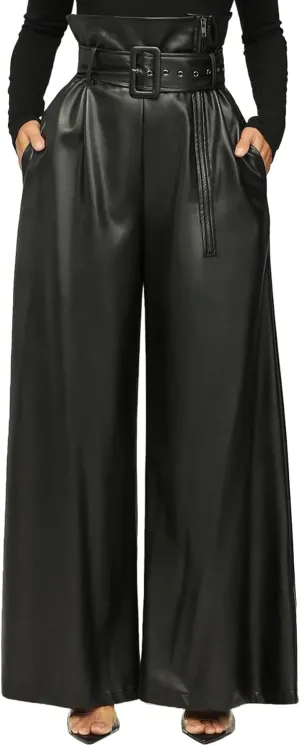 Tcremisa Leather Pants for Women High Waisted Faux Leather Straight Wide Leg Pant PU Trousers with Belt