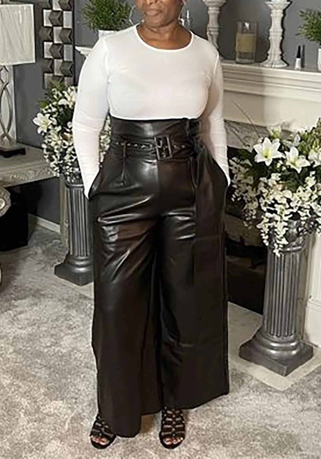 Tcremisa Leather Pants for Women High Waisted Faux Leather Straight Wide Leg Pant PU Trousers with Belt