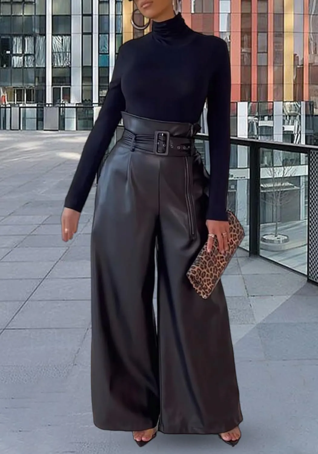 Tcremisa Leather Pants for Women High Waisted Faux Leather Straight Wide Leg Pant PU Trousers with Belt