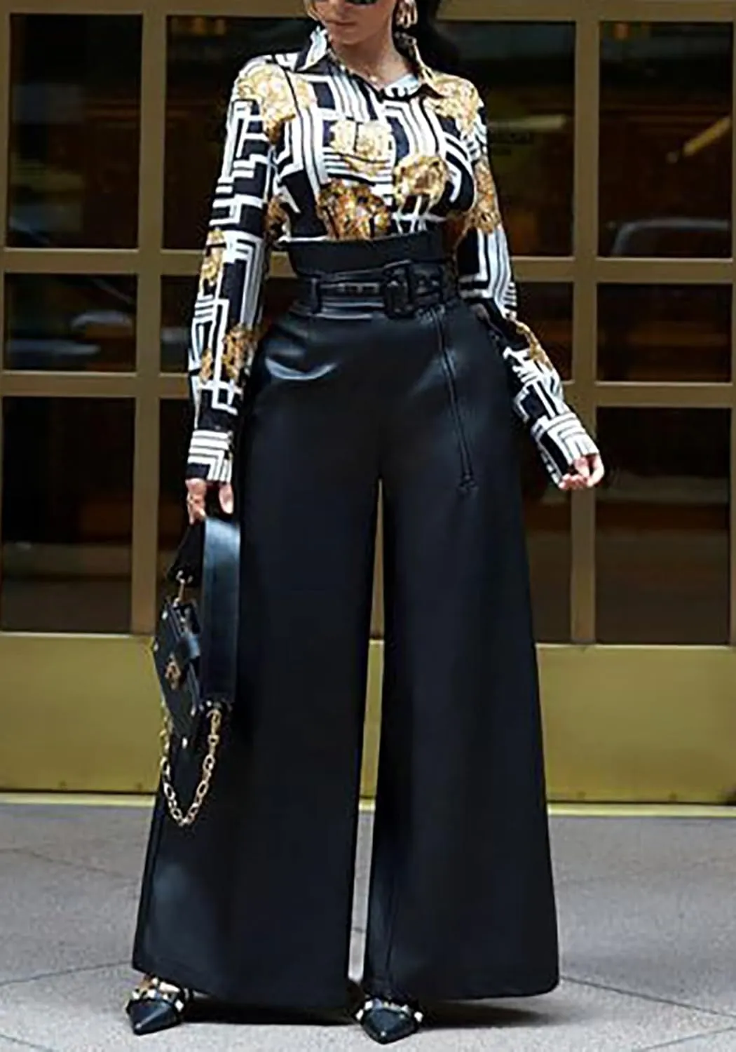 Tcremisa Leather Pants for Women High Waisted Faux Leather Straight Wide Leg Pant PU Trousers with Belt
