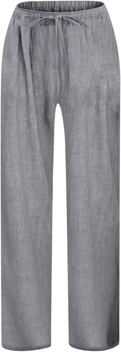 Teen Girls Casual Cotton Linen Pants Lightweight Summer Loose Fit Elastic Waist Plus Size Solid Lounge Long Trousers