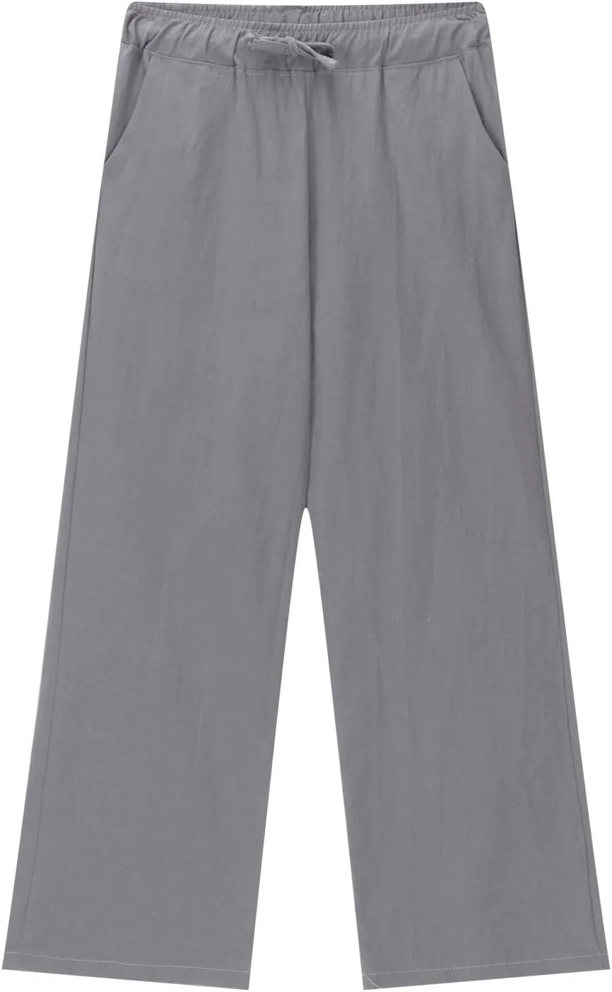 Teen Girls Casual Cotton Linen Pants Lightweight Summer Loose Fit Elastic Waist Plus Size Solid Lounge Long Trousers