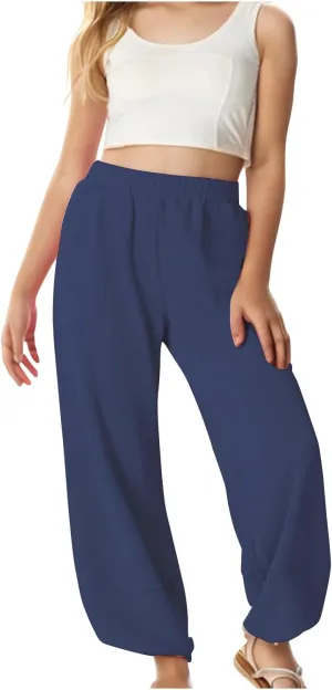 Teen Girls Palazzo Pants Summer Casual Cotton Linen Trousers Kids Lightweight Elastic Waist Solid Color Wide Leg Pant