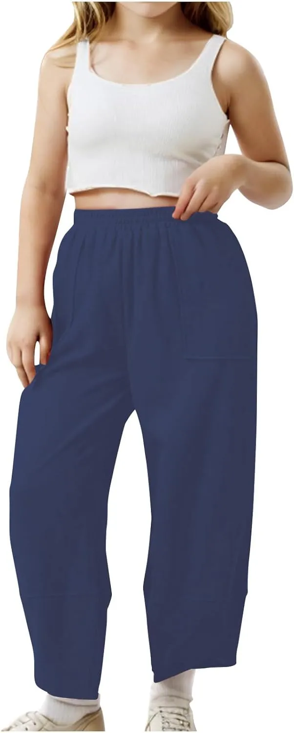 Teen Girls Palazzo Pants Summer Casual Cotton Linen Trousers Kids Lightweight Elastic Waist Solid Color Wide Leg Pant