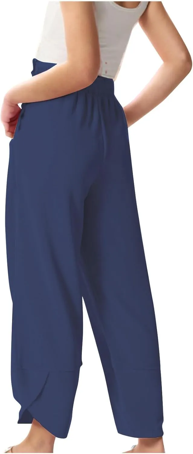Teen Girls Palazzo Pants Summer Casual Cotton Linen Trousers Kids Lightweight Elastic Waist Solid Color Wide Leg Pant