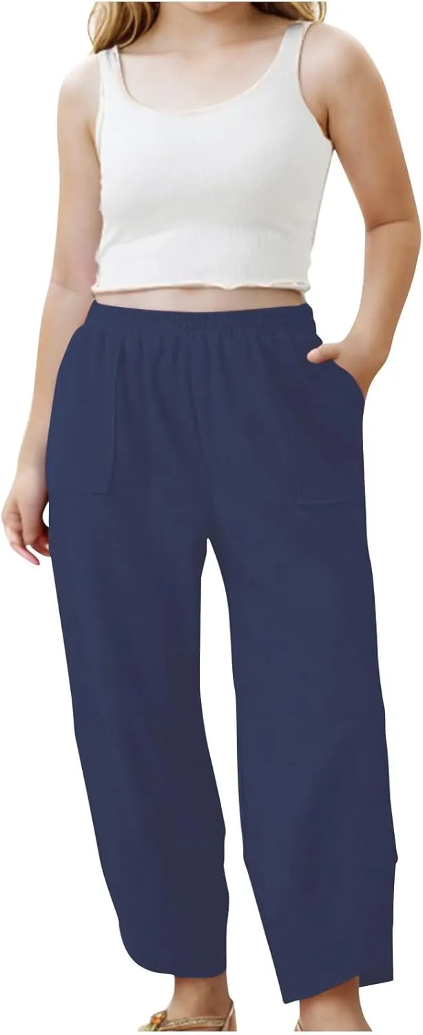 Teen Girls Palazzo Pants Summer Casual Cotton Linen Trousers Kids Lightweight Elastic Waist Solid Color Wide Leg Pant