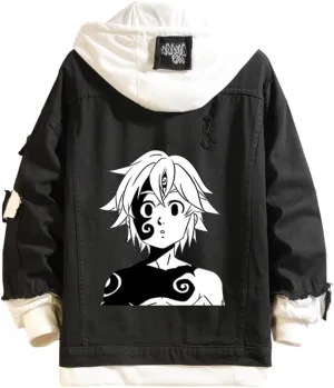 The SevenDeadly Sins Jeans Jacket Anime Meliodas Cosplay Denim Jacket Hoodie Casual Ripped Novelty Coat for Unisex
