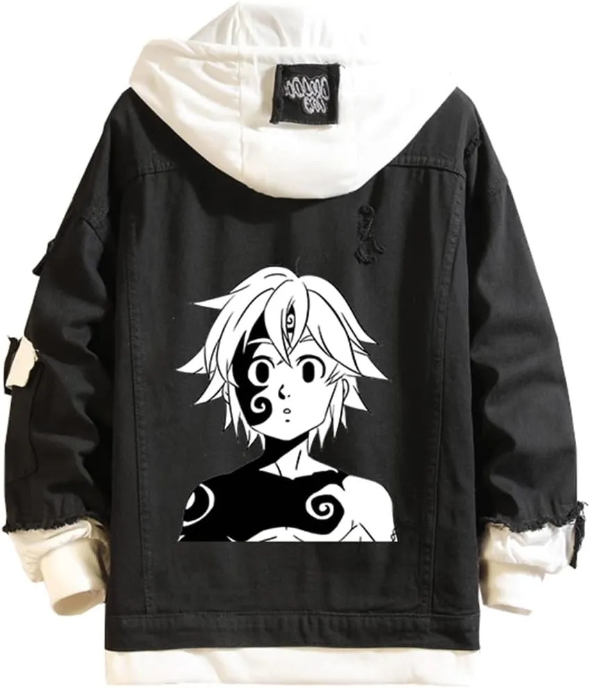 The SevenDeadly Sins Jeans Jacket Anime Meliodas Cosplay Denim Jacket Hoodie Casual Ripped Novelty Coat for Unisex