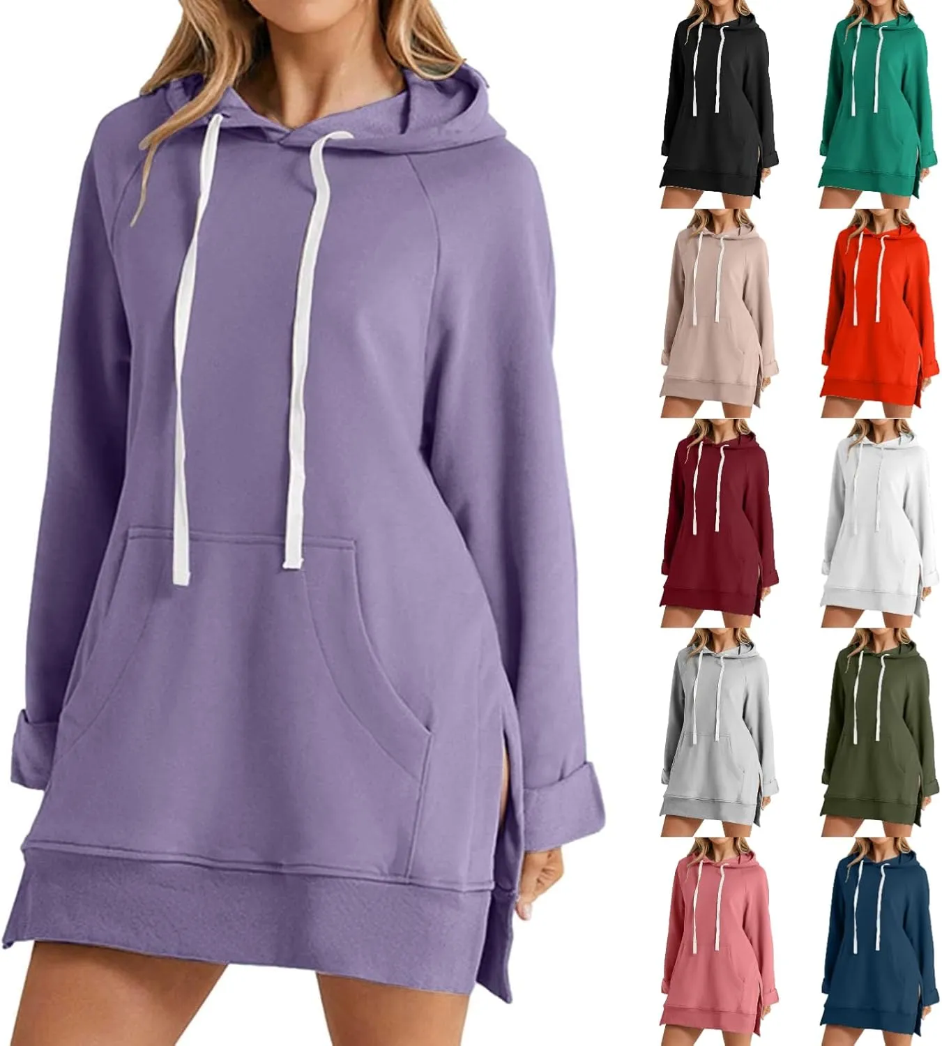 The Warmy Oversized Hoodie,Casual Oversized Hoodie Dress For Women Pullover Long Sweatshirt Split Hem With Pockets