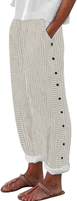 TIAFORD Womens Summer Stripe Linen Pants Casual Side Button Elastic Waisted Lightweight Loose Trousers with Pockets