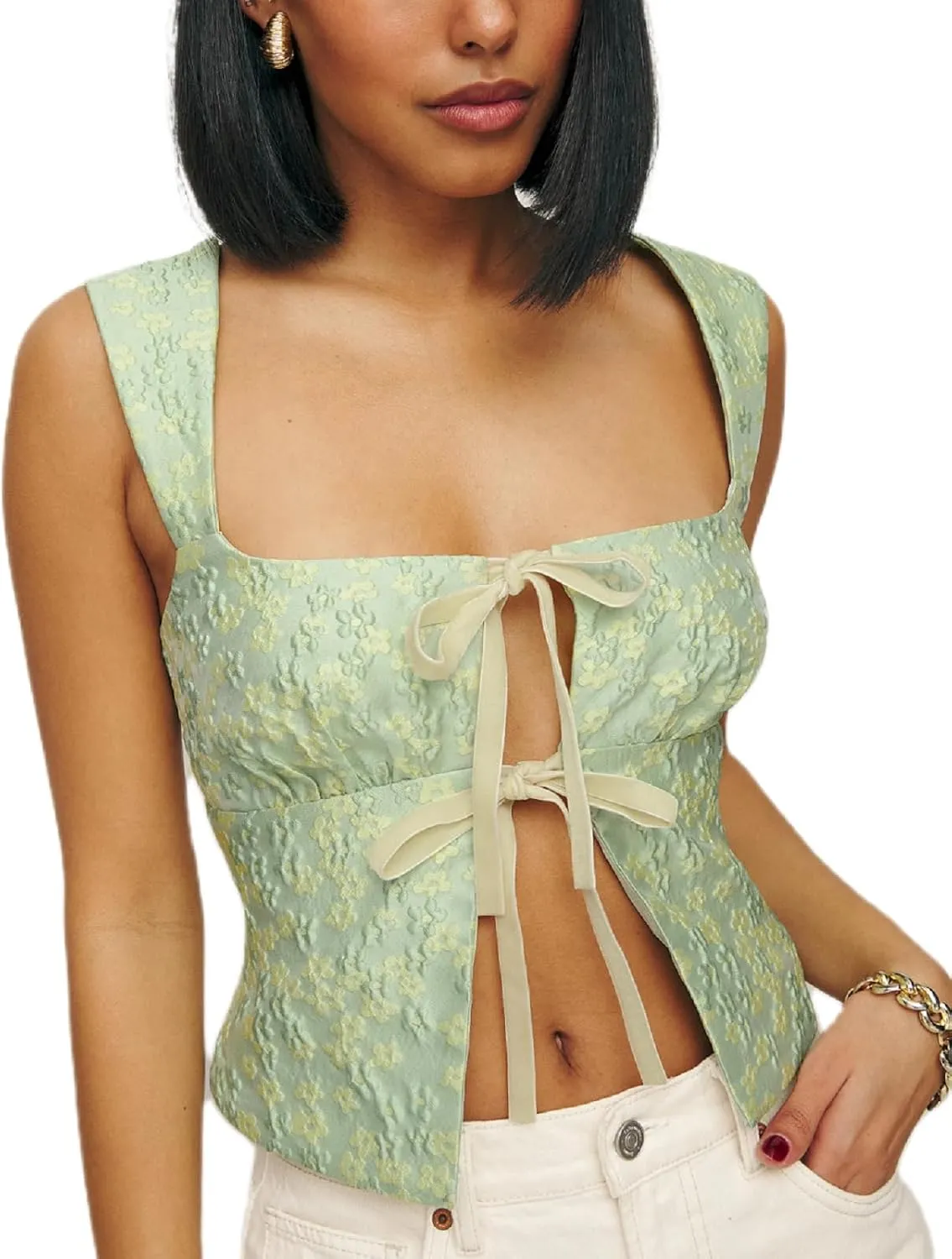 Tie Front Tank Tops for Women Y2k Spaghetti Strap Going Out Cami Crop Top Sexy Backless Cute Summer Camisoles
