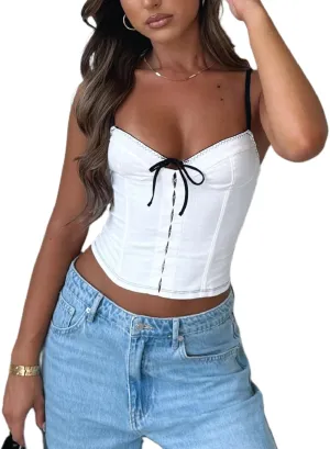 Tie Front Tank Tops for Women Y2k Spaghetti Strap Going Out Cami Crop Top Sexy Backless Cute Summer Camisoles