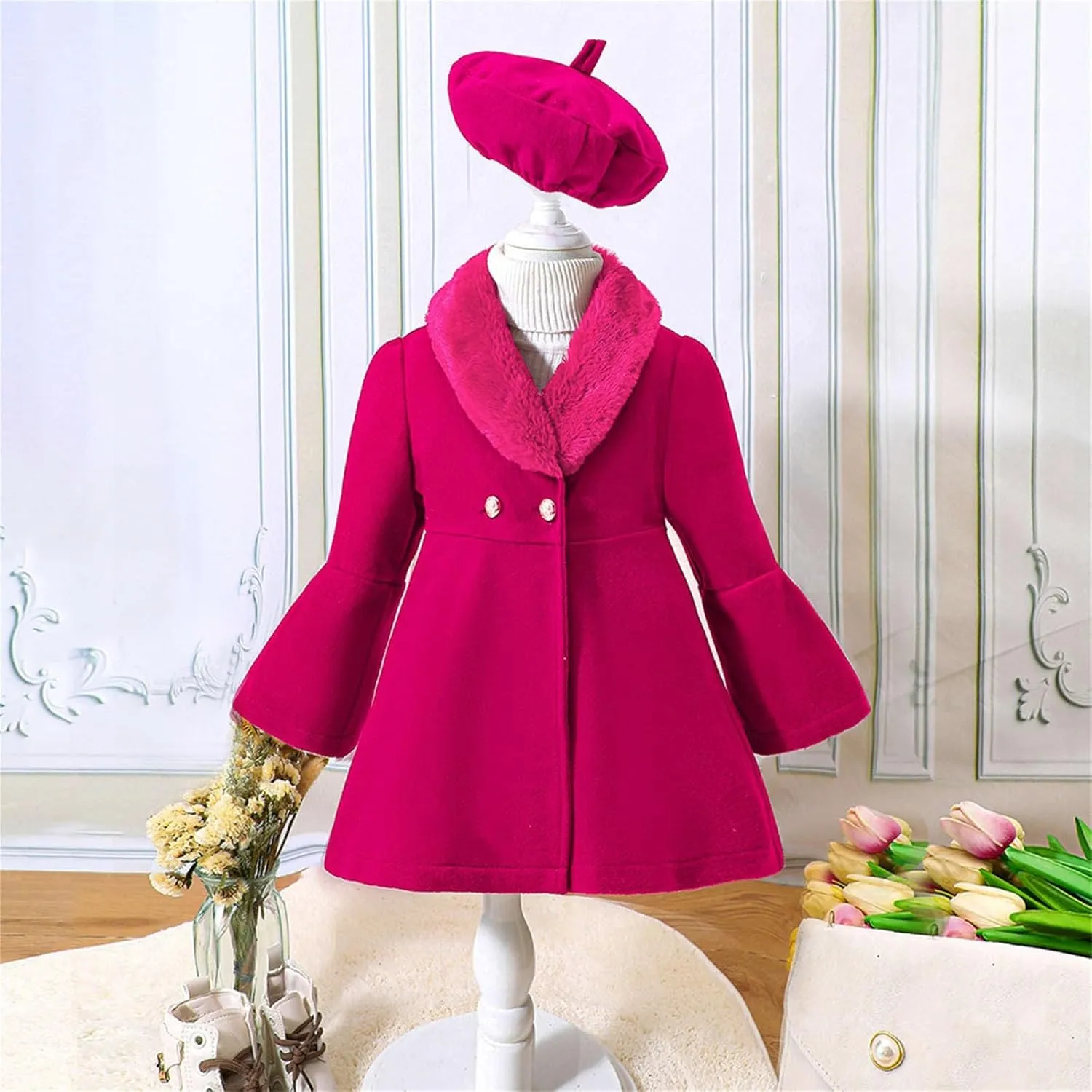 Toddler Kids Girls Trench Jacket Long Sleeve Fury Collar Warm Peacoat with Beret Hat Set for Casual