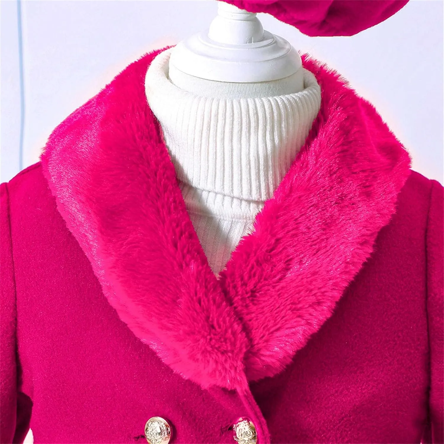 Toddler Kids Girls Trench Jacket Long Sleeve Fury Collar Warm Peacoat with Beret Hat Set for Casual