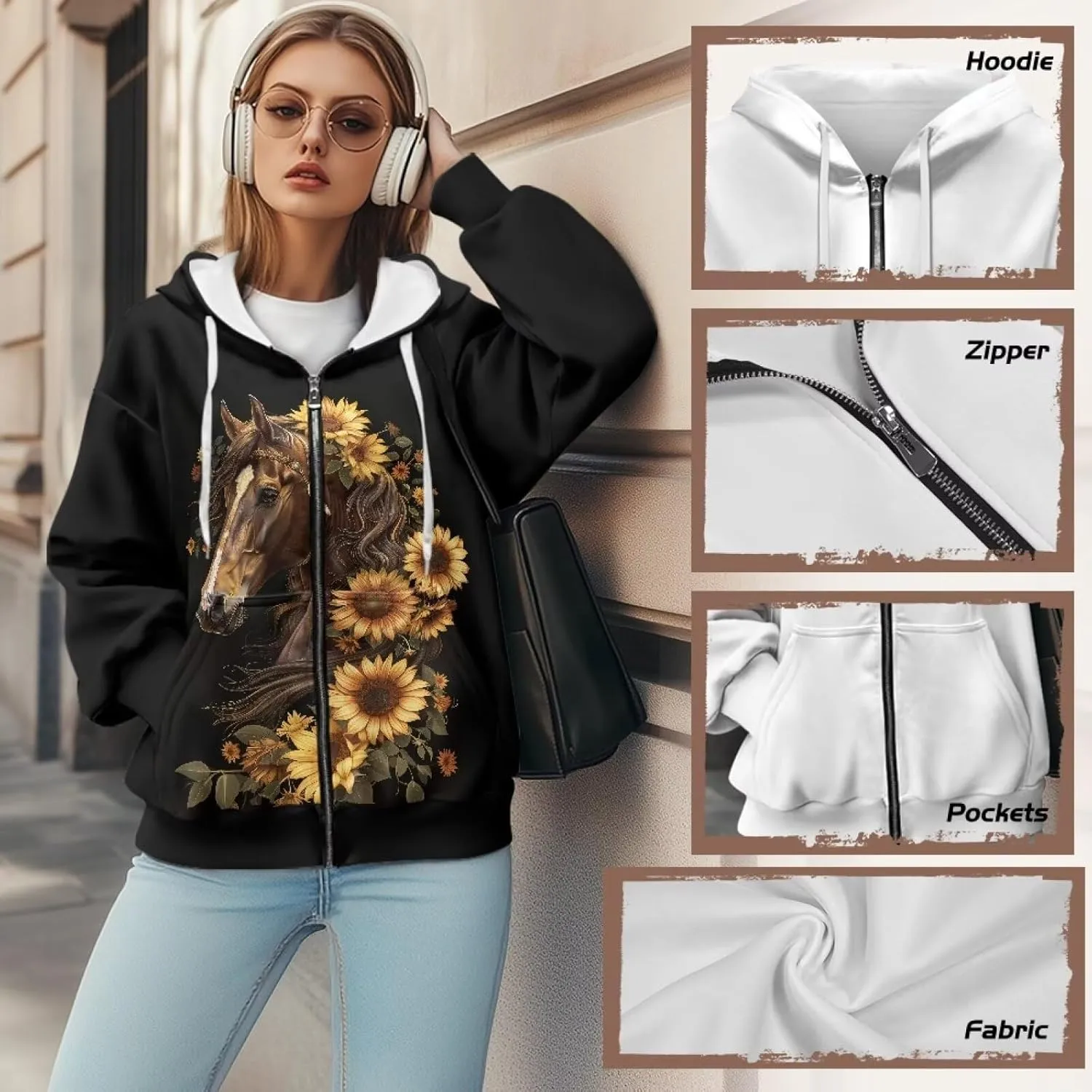 TODIYADDU Zip Up Hoodie for Women Fashion Sweatshirts with Pockets Oversized Jacket Drawstring Hoodies Y2k Winter Outfits
