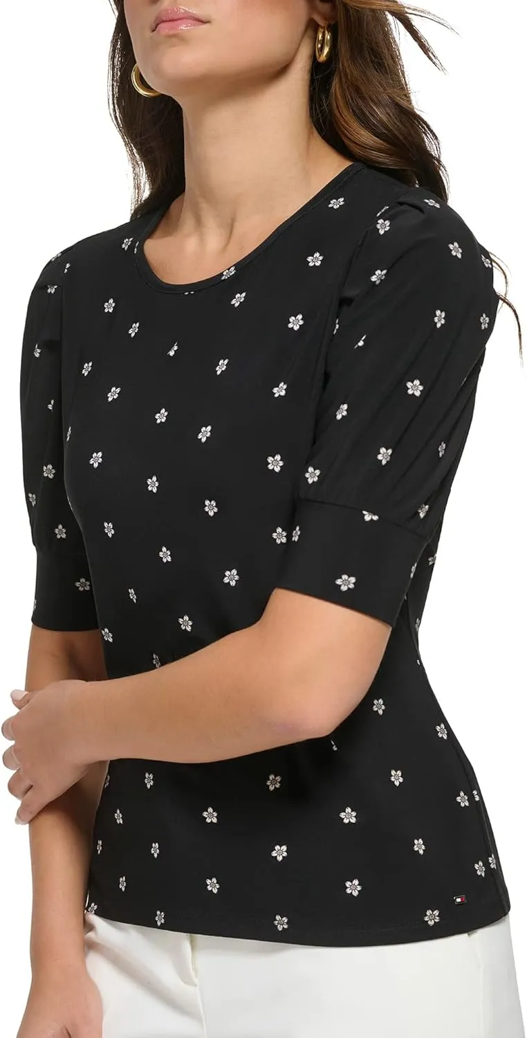 Tommy Hilfiger Women's Work Top Floral Short Sleeve Puff Sleeve Sportswear Knit Tops