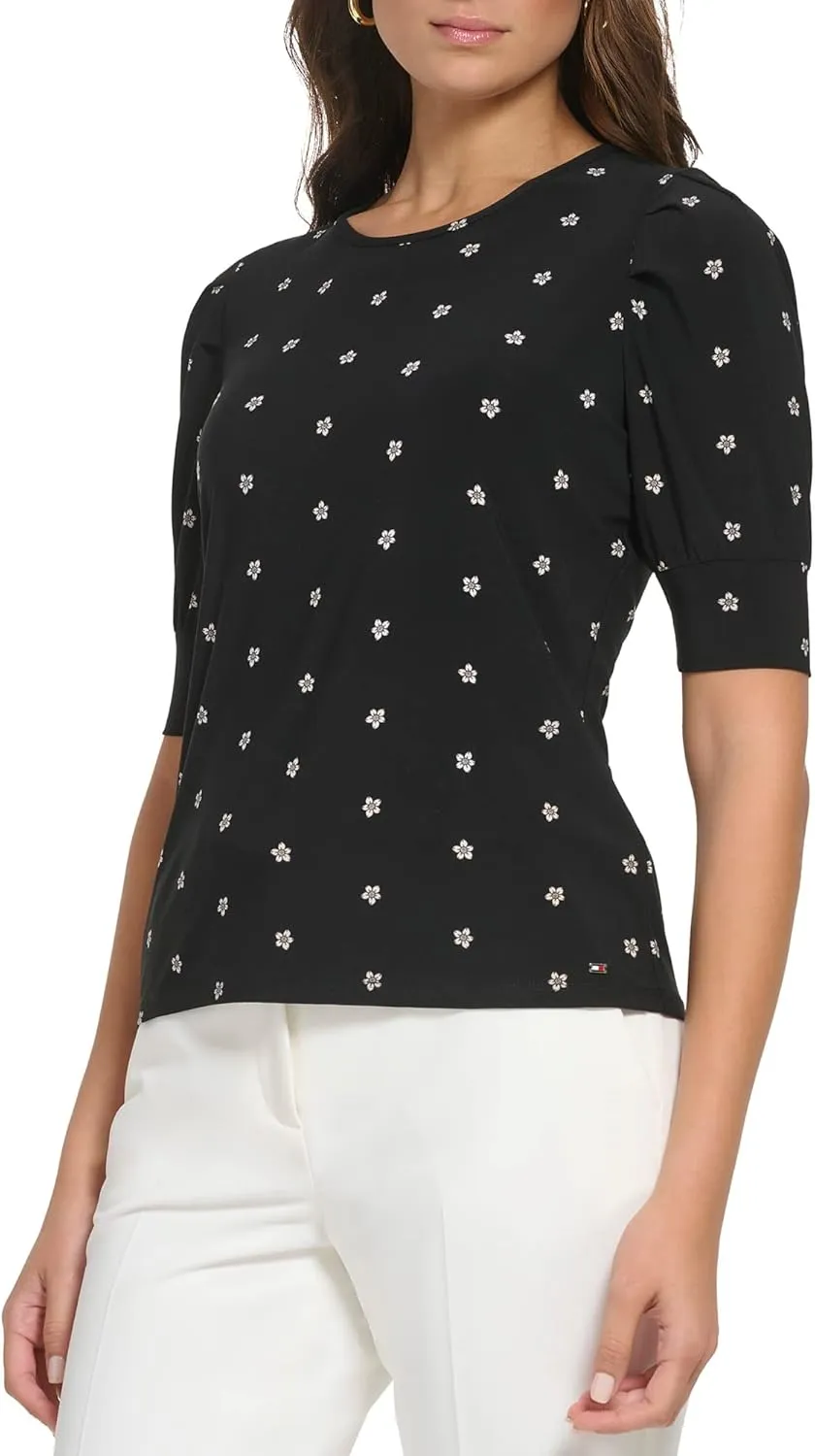 Tommy Hilfiger Women's Work Top Floral Short Sleeve Puff Sleeve Sportswear Knit Tops
