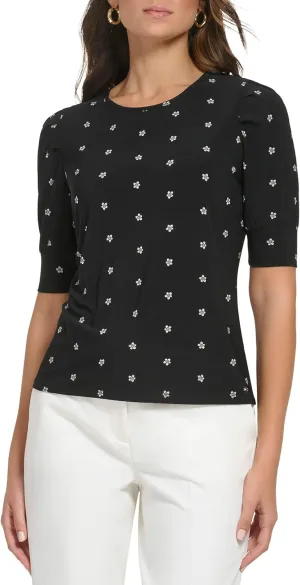 Tommy Hilfiger Women's Work Top Floral Short Sleeve Puff Sleeve Sportswear Knit Tops