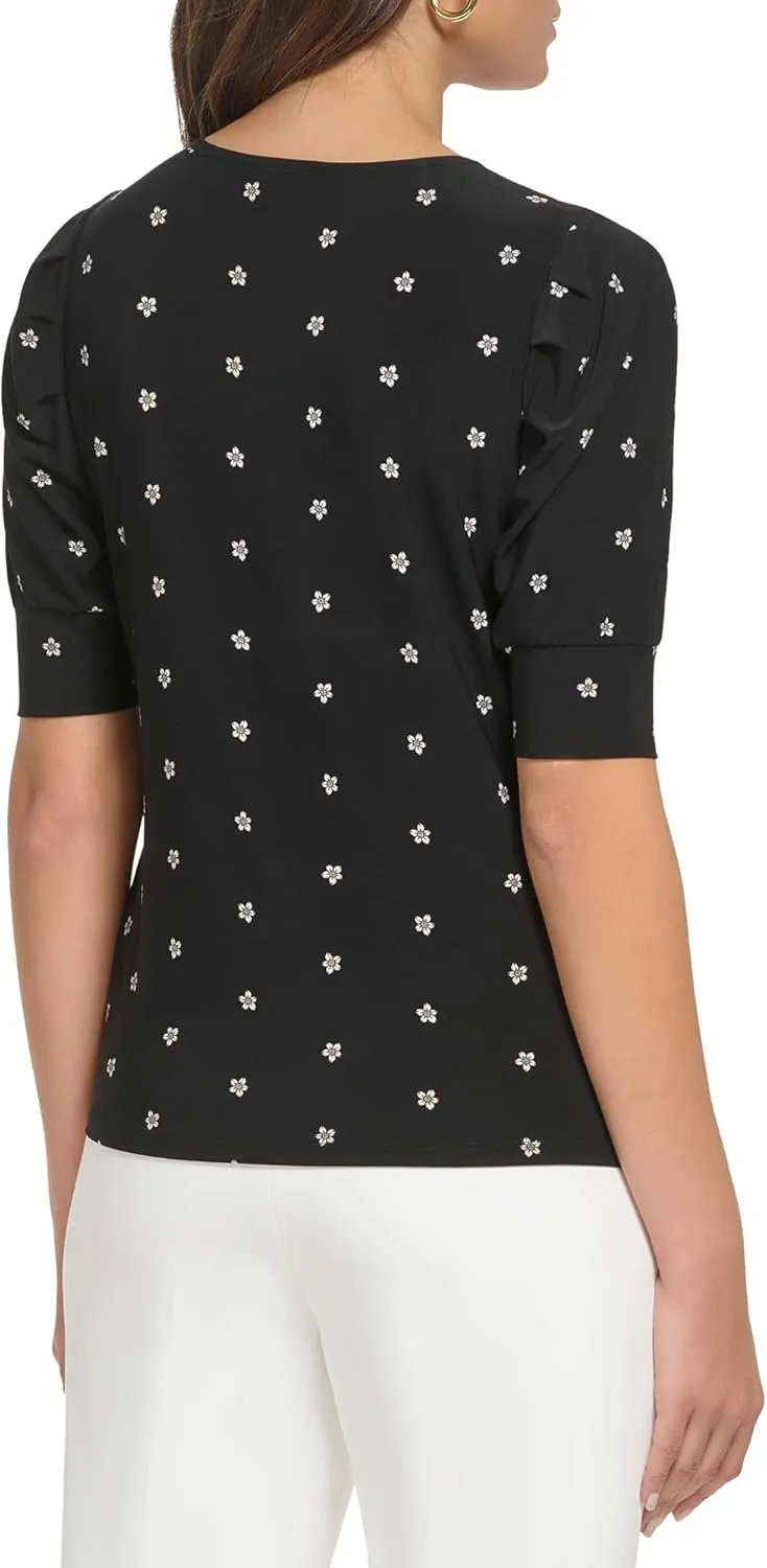 Tommy Hilfiger Women's Work Top Floral Short Sleeve Puff Sleeve Sportswear Knit Tops