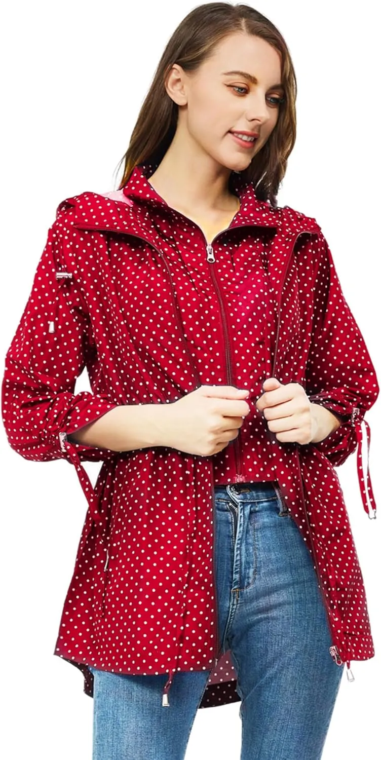 TRATENBY Rain-Jacket Women-Waterproof Lightweight-Packable Hood-Raincoat  Travel Windbreaker Coat in A Pouch Polka Dot