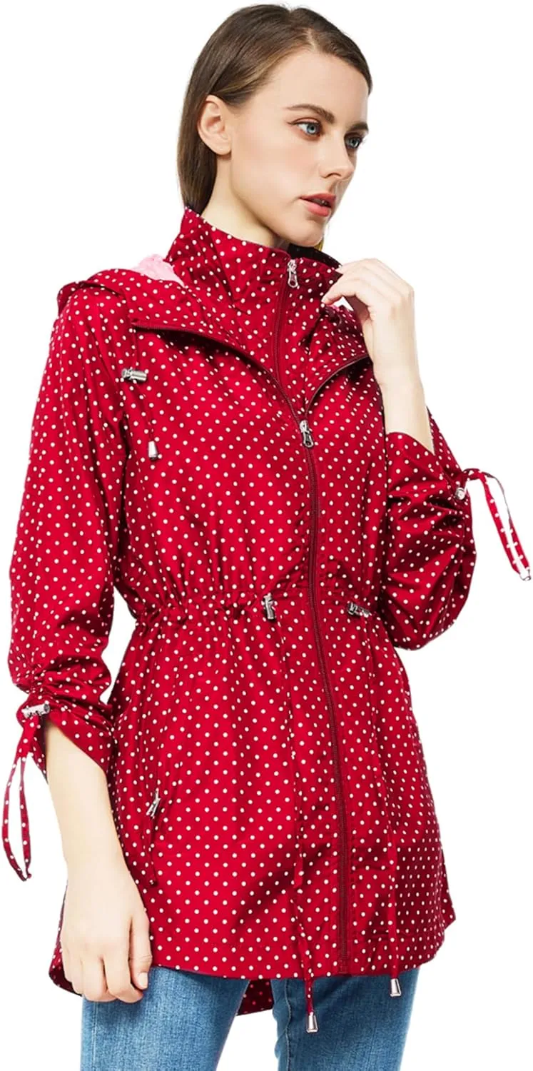 TRATENBY Rain-Jacket Women-Waterproof Lightweight-Packable Hood-Raincoat  Travel Windbreaker Coat in A Pouch Polka Dot