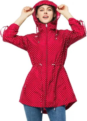 TRATENBY Rain-Jacket Women-Waterproof Lightweight-Packable Hood-Raincoat  Travel Windbreaker Coat in A Pouch Polka Dot