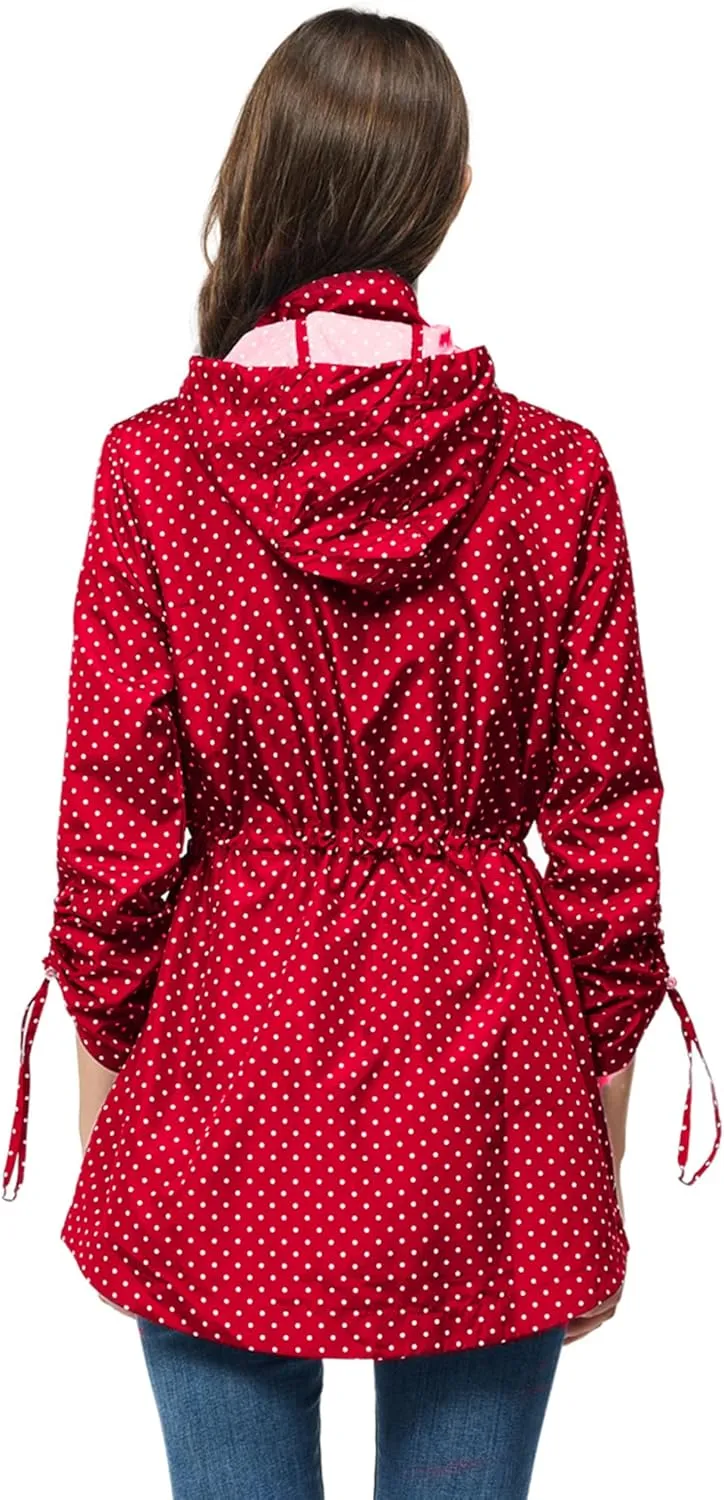 TRATENBY Rain-Jacket Women-Waterproof Lightweight-Packable Hood-Raincoat  Travel Windbreaker Coat in A Pouch Polka Dot