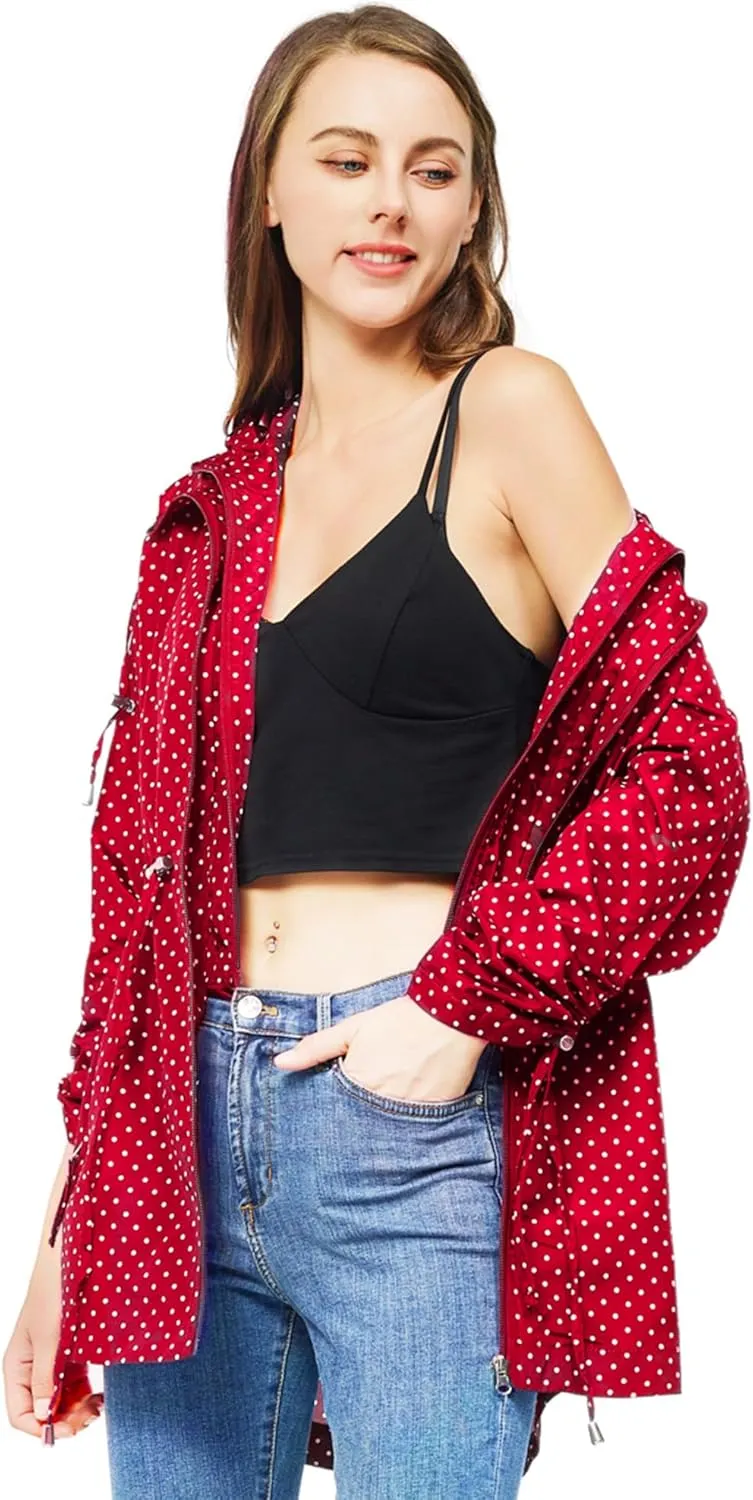 TRATENBY Rain-Jacket Women-Waterproof Lightweight-Packable Hood-Raincoat  Travel Windbreaker Coat in A Pouch Polka Dot