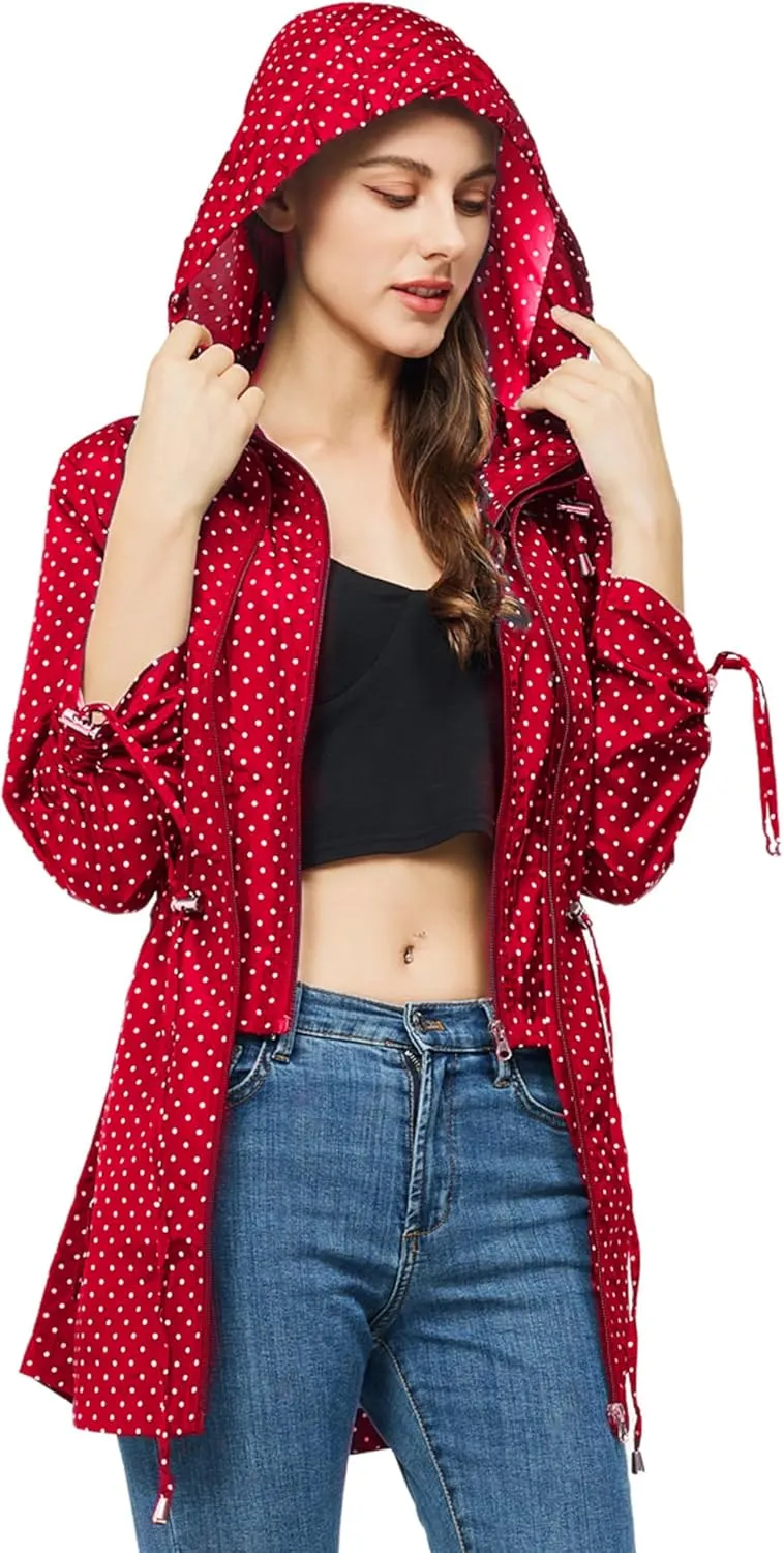 TRATENBY Rain-Jacket Women-Waterproof Lightweight-Packable Hood-Raincoat  Travel Windbreaker Coat in A Pouch Polka Dot