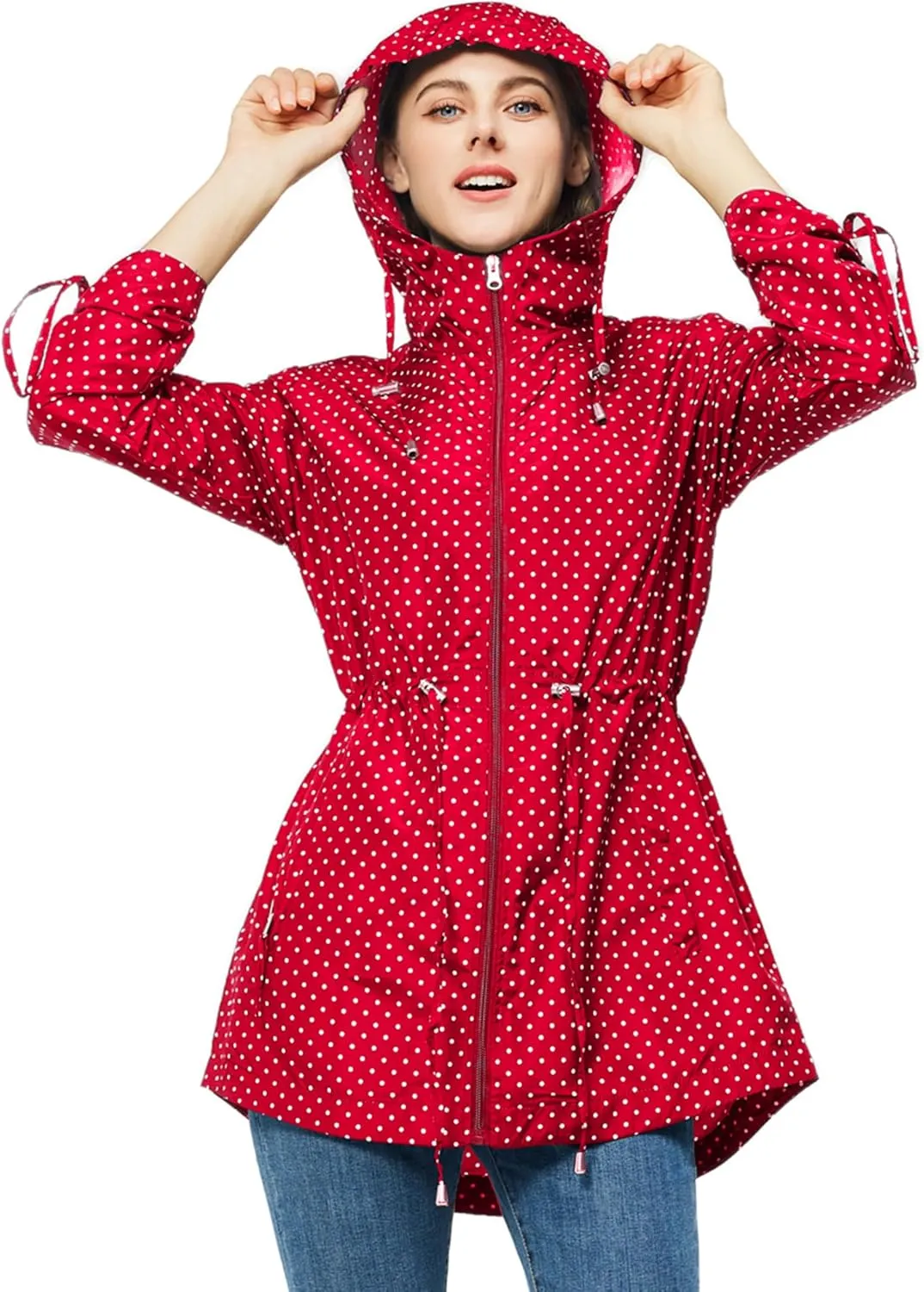 TRATENBY Rain-Jacket Women-Waterproof Lightweight-Packable Hood-Raincoat  Travel Windbreaker Coat in A Pouch Polka Dot