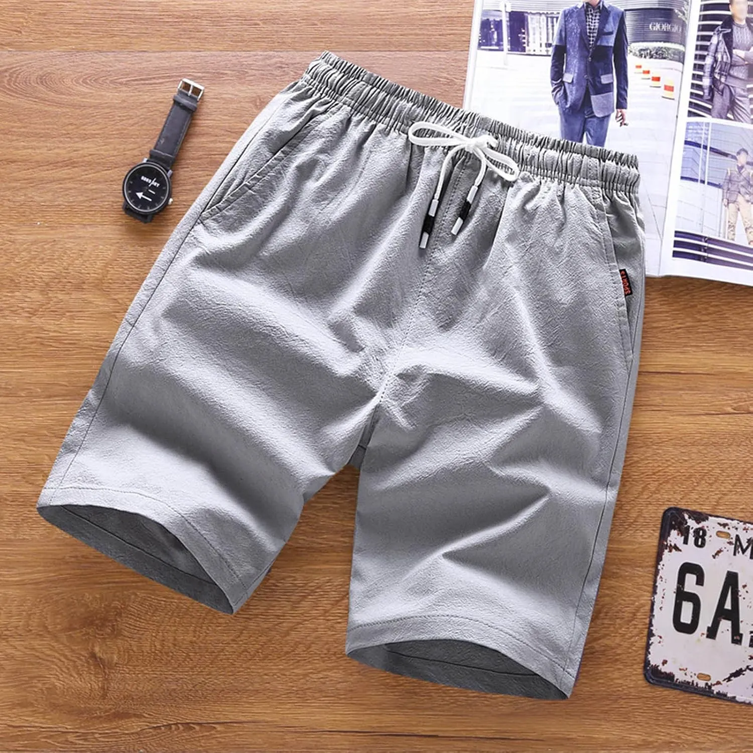 tuduoms Men's 5" Inseam Linen Casual Short Summer Beach Lightweight Board Slim-Fit Shorts Elastic Waist Pockets Short Pants
