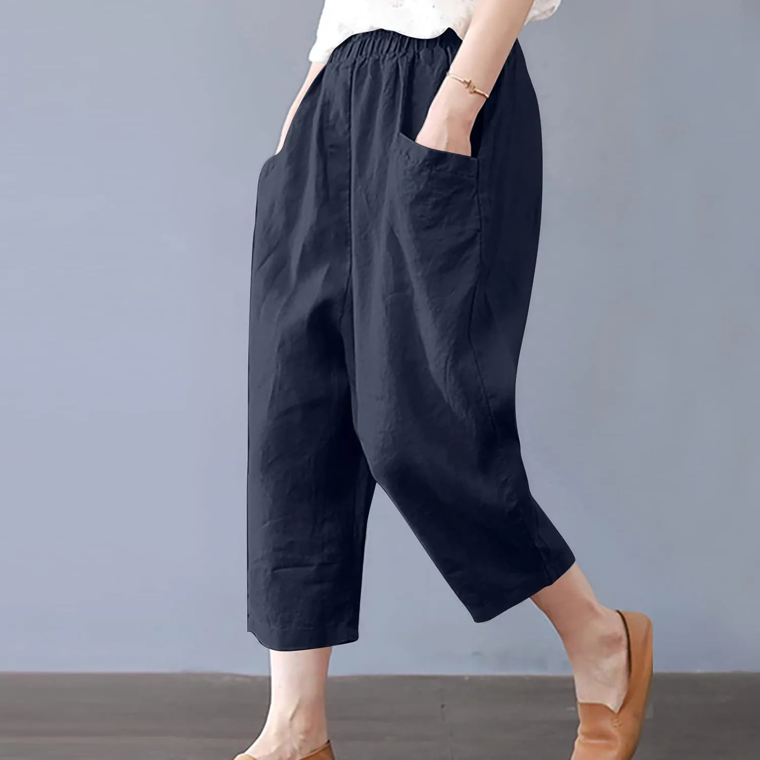 tuduoms Women's Plus Size Baggy Capris for Summer Linen Harem Pants Hippie Lounge Pants Lightweight Loose Fit Yoga Trousers