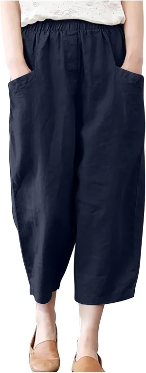 tuduoms Women's Plus Size Baggy Capris for Summer Linen Harem Pants Hippie Lounge Pants Lightweight Loose Fit Yoga Trousers