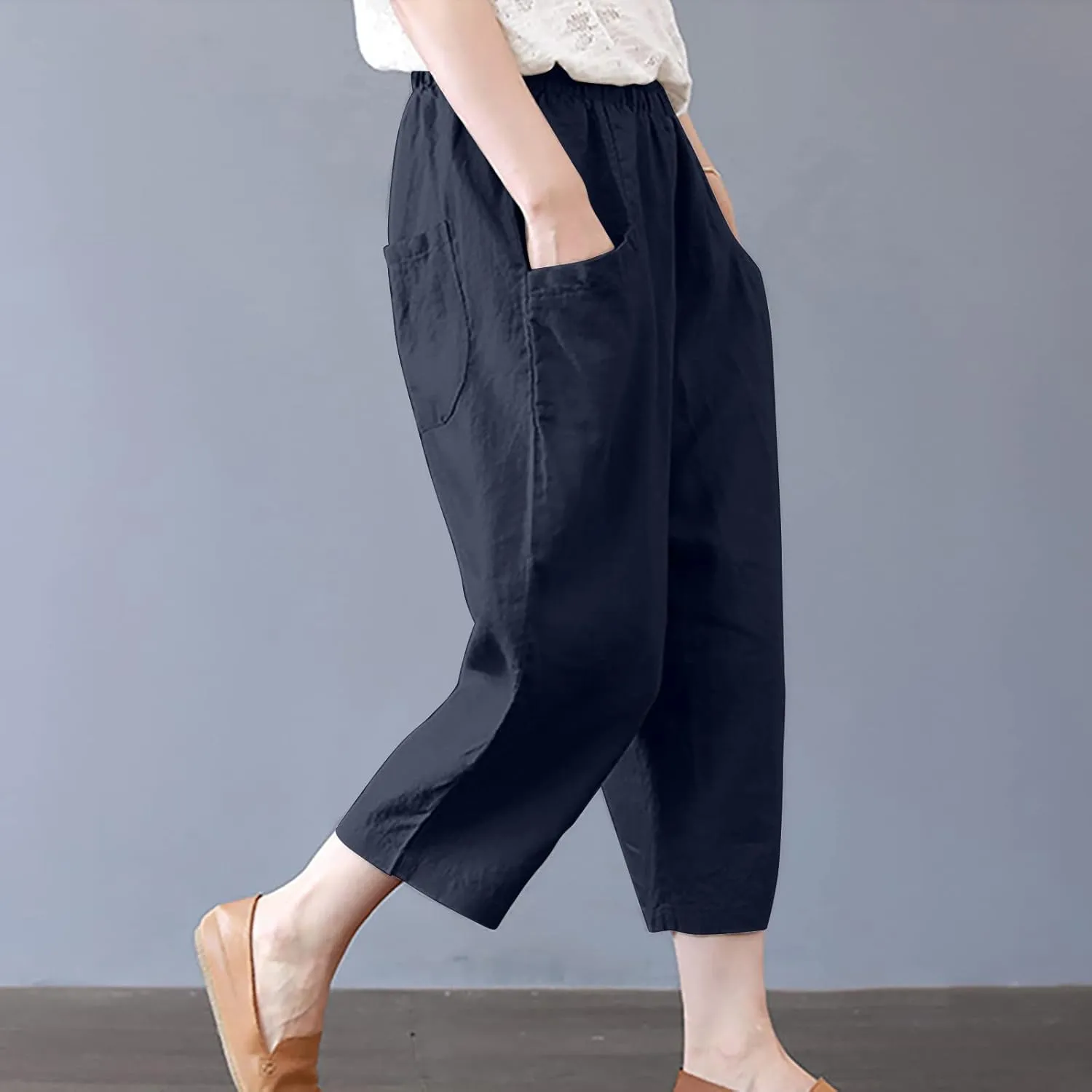tuduoms Women's Plus Size Baggy Capris for Summer Linen Harem Pants Hippie Lounge Pants Lightweight Loose Fit Yoga Trousers