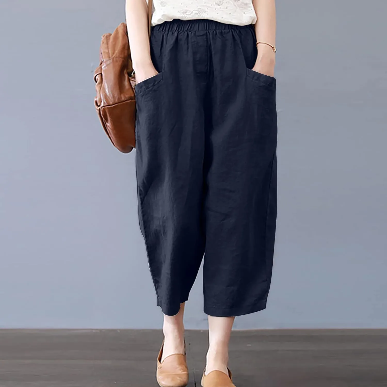 tuduoms Women's Plus Size Baggy Capris for Summer Linen Harem Pants Hippie Lounge Pants Lightweight Loose Fit Yoga Trousers
