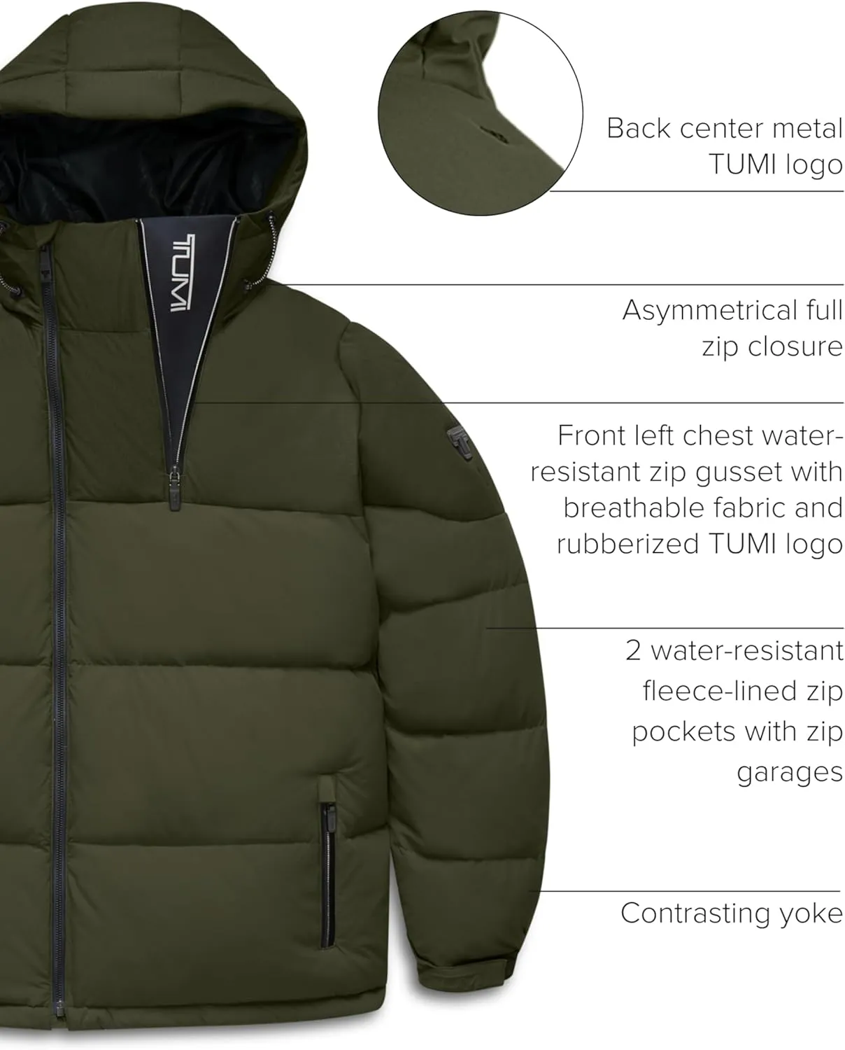 TUMI Men's Mini Ripstop Down Fill Quilted Heavyweight Puffer - Men's Nylon Jacket - Magnetic Cuffs & Throat Gusset