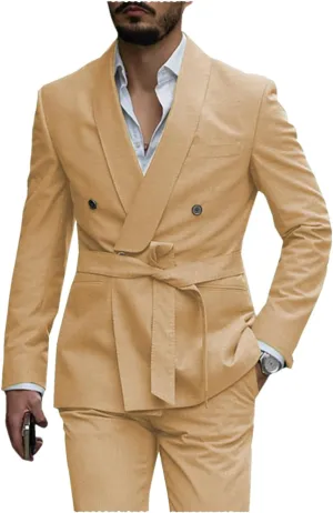 Uohzus Men's 2 Pieces Suit with Belt Casual Fashion Slim Linen Jacket and Pants