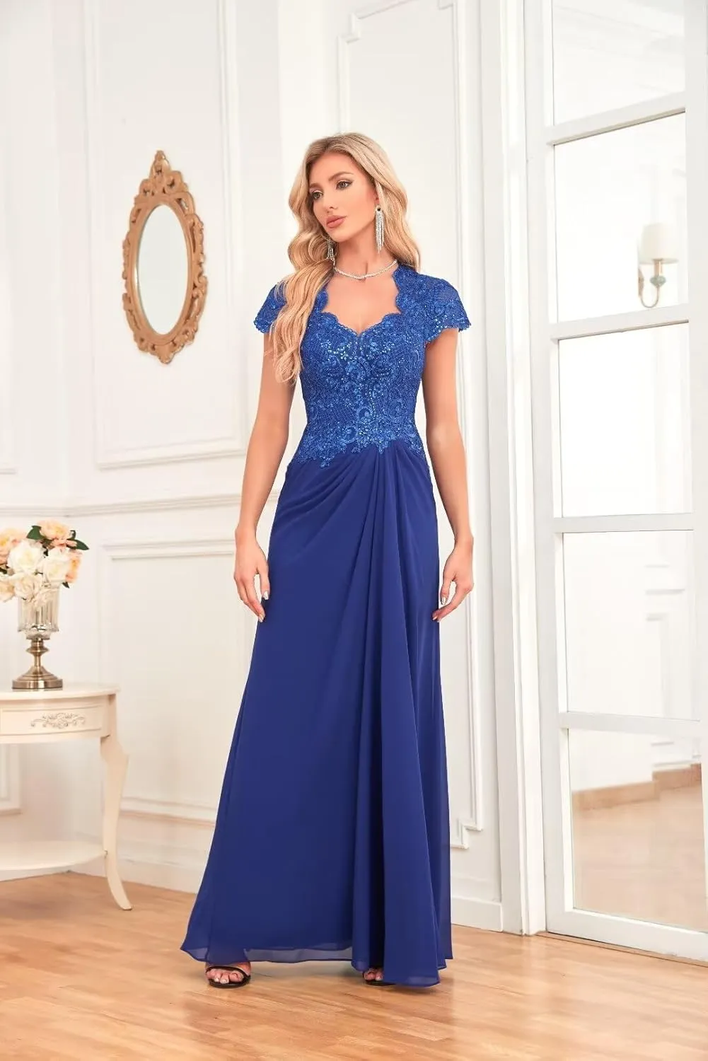 V Neck Bridesmaid Dresses Lace Appliques Beaded Mother of The Bride Dress Chiffon Formal Dress with Pockets UU34