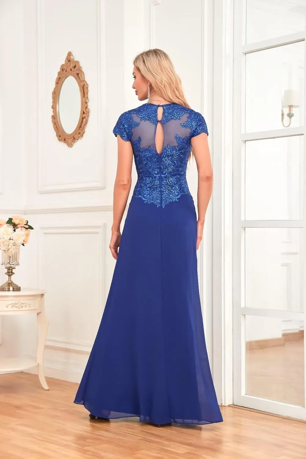 V Neck Bridesmaid Dresses Lace Appliques Beaded Mother of The Bride Dress Chiffon Formal Dress with Pockets UU34