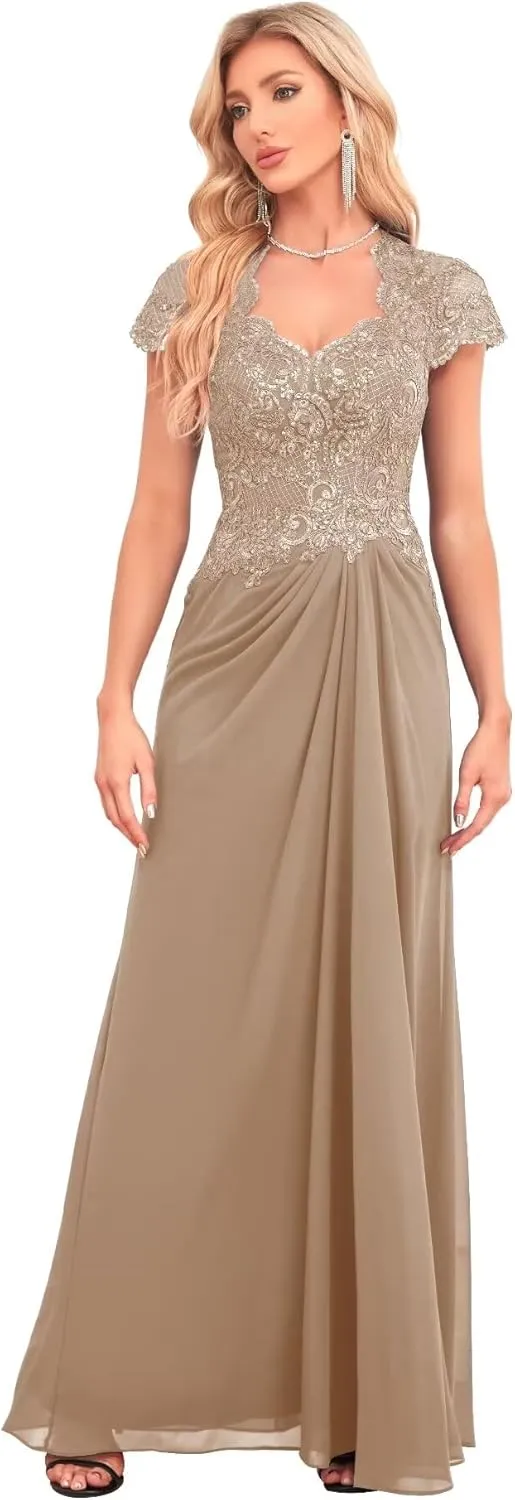V Neck Bridesmaid Dresses Lace Appliques Beaded Mother of The Bride Dress Chiffon Formal Dress with Pockets UU34