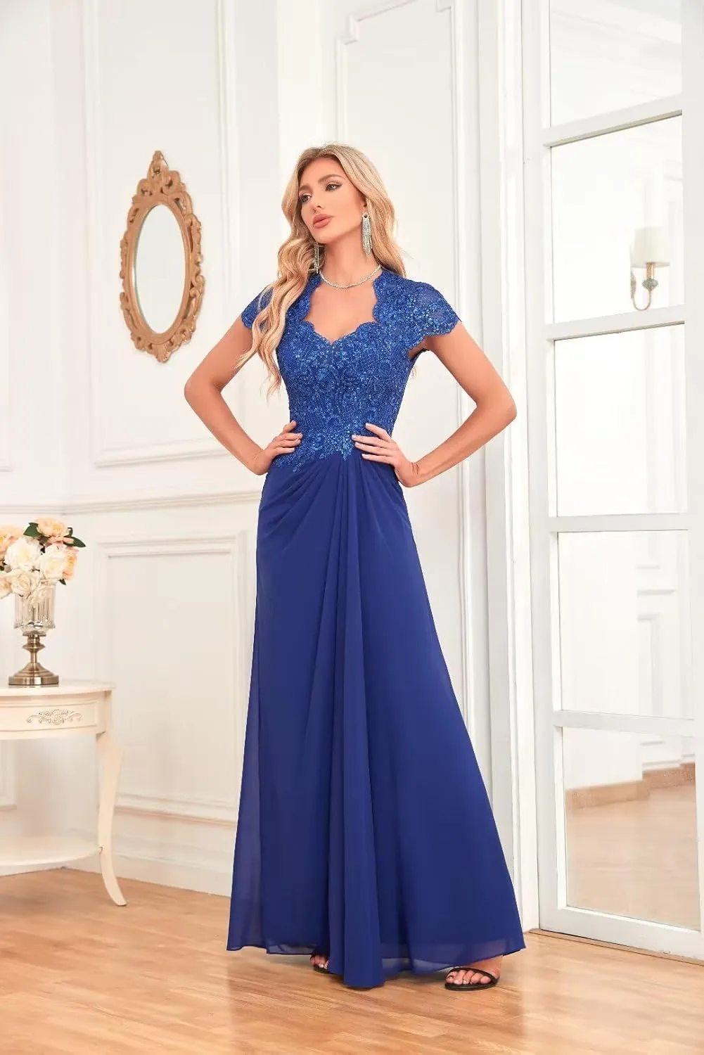 V Neck Bridesmaid Dresses Lace Appliques Beaded Mother of The Bride Dress Chiffon Formal Dress with Pockets UU34