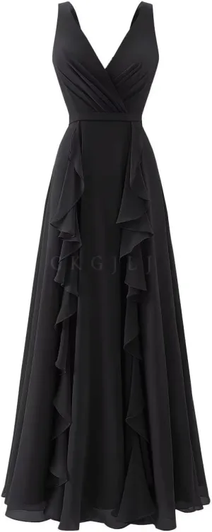 V Neck Chiffon Bridesmaid Dresses for Women 2025 Ruffles Formal Evening Gown Long Wedding Party Prom Dresses