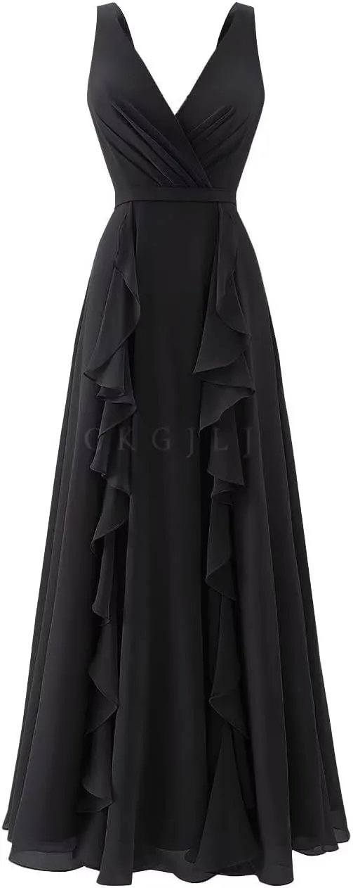 V Neck Chiffon Bridesmaid Dresses for Women 2025 Ruffles Formal Evening Gown Long Wedding Party Prom Dresses