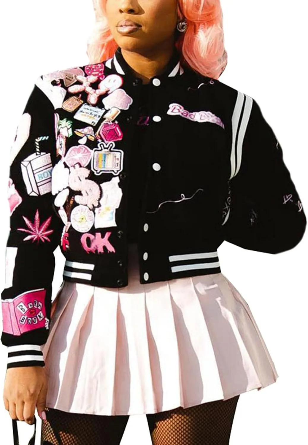 Varsity Jacket Women Print Vintage Patches Letterman Cropped Bomber Jacket Lightweight Dressy Cute Coat