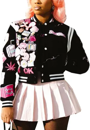 Varsity Jacket Women Print Vintage Patches Letterman Cropped Bomber Jacket Lightweight Dressy Cute Coat